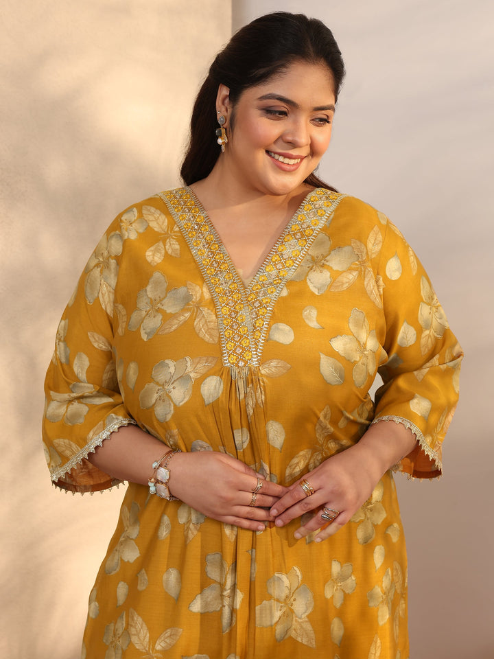 Plus Size Mustard Printed Silk blend Straight Suit Set With Dupatta