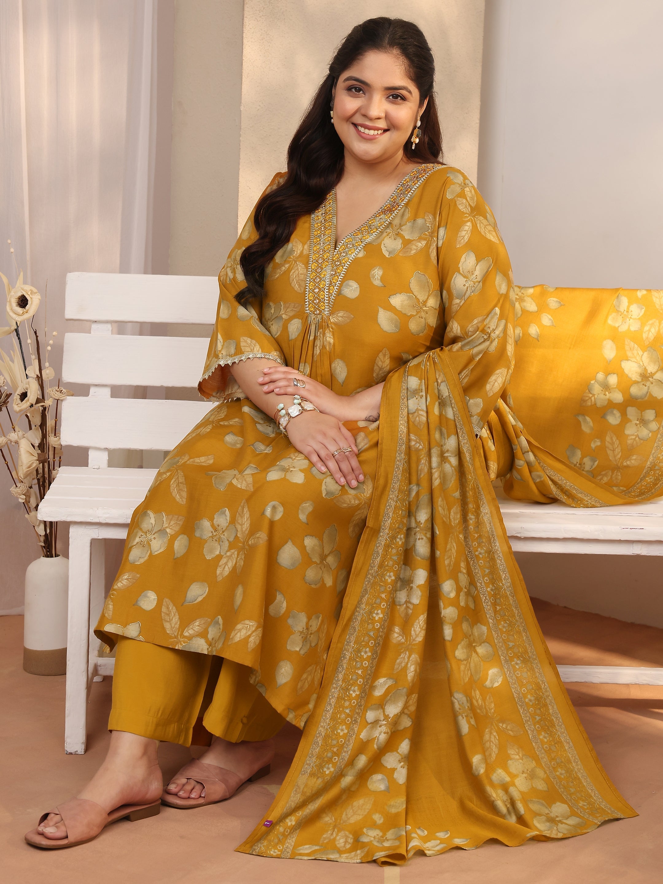 Buy Plus Size Mustard Printed Silk blend Straight Suit Set With