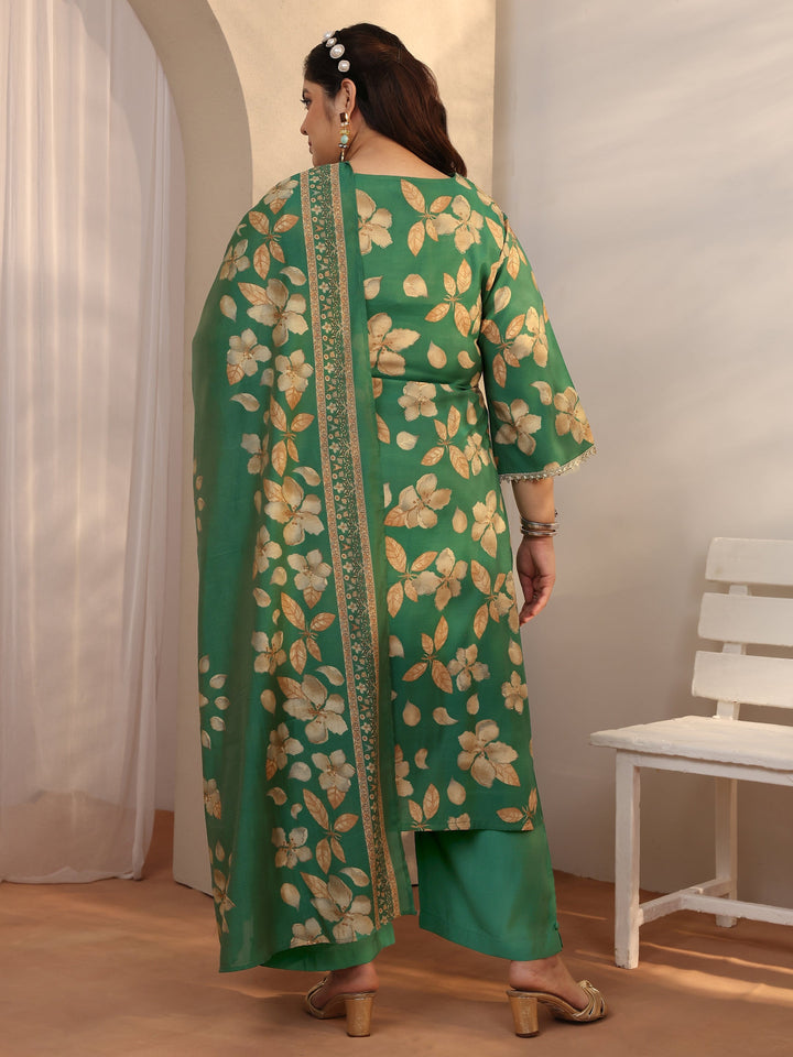 Plus Size Green Printed Silk blend Straight Suit Set With Dupatta