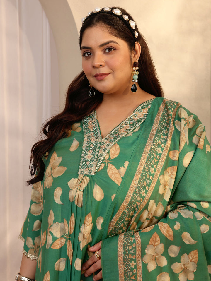 Plus Size Green Printed Silk blend Straight Suit Set With Dupatta