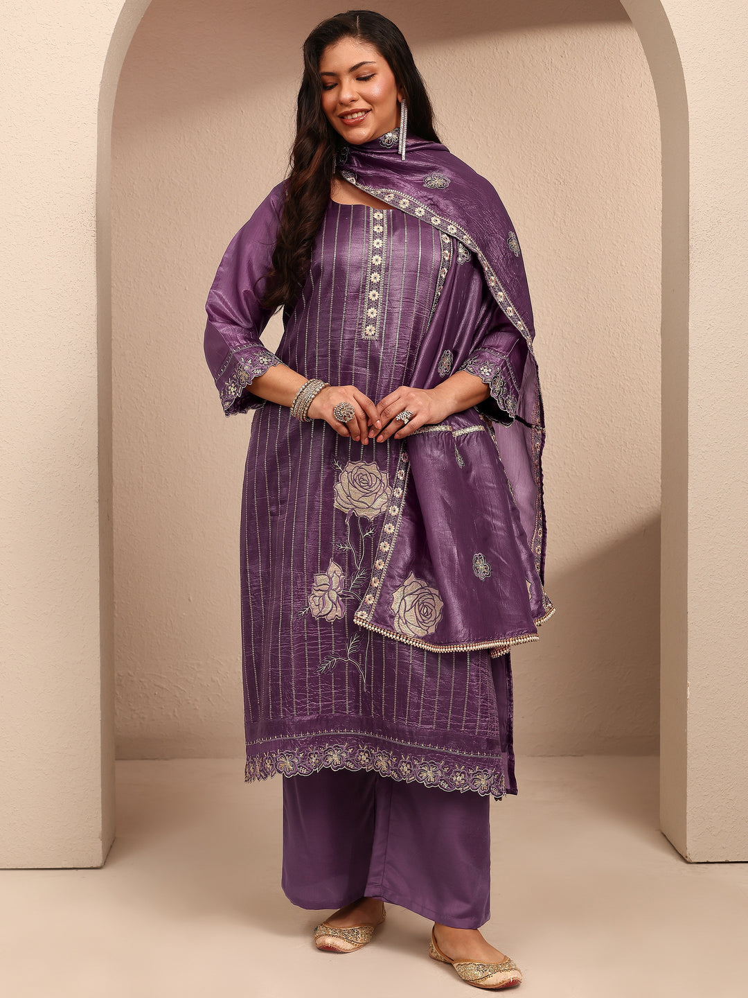Plus Size Purple Embroidered Organza Straight Suit Set With Dupatta