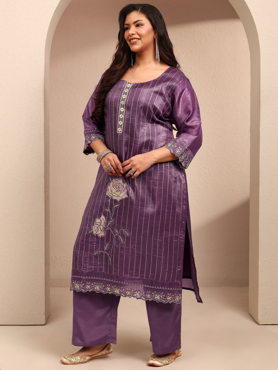 Plus Size Purple Embroidered Organza Straight Suit Set With Dupatta