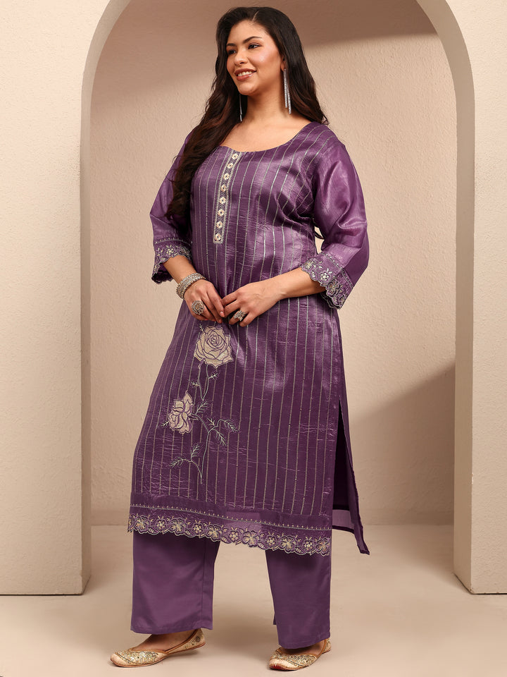 Plus Size Purple Embroidered Organza Straight Suit Set With Dupatta