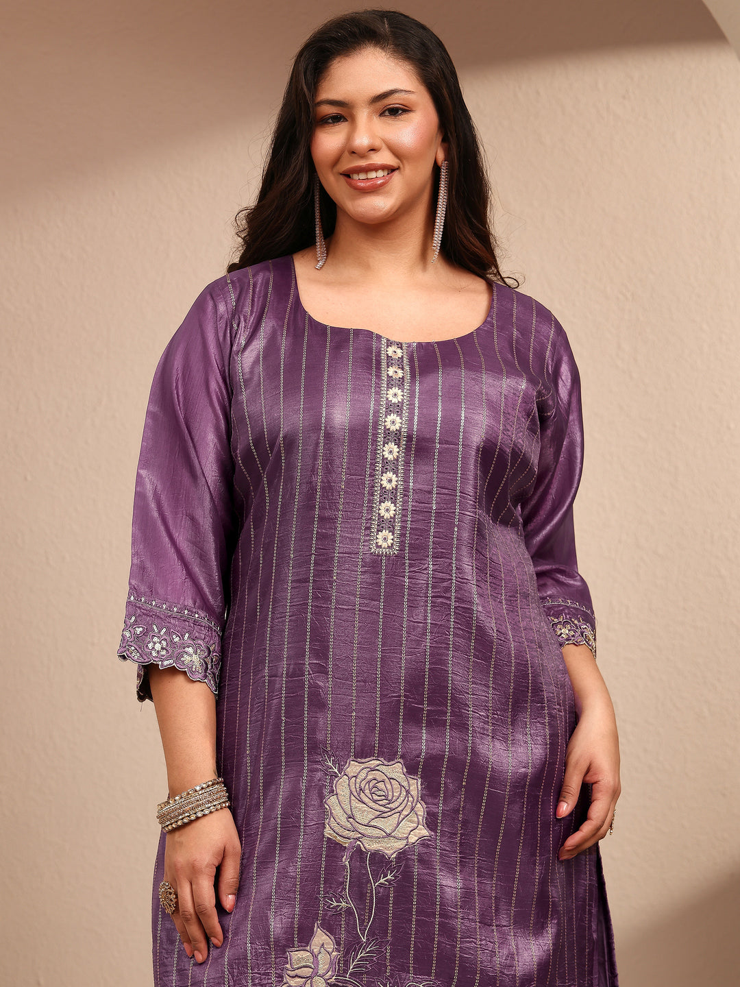 Plus Size Purple Embroidered Organza Straight Suit Set With Dupatta