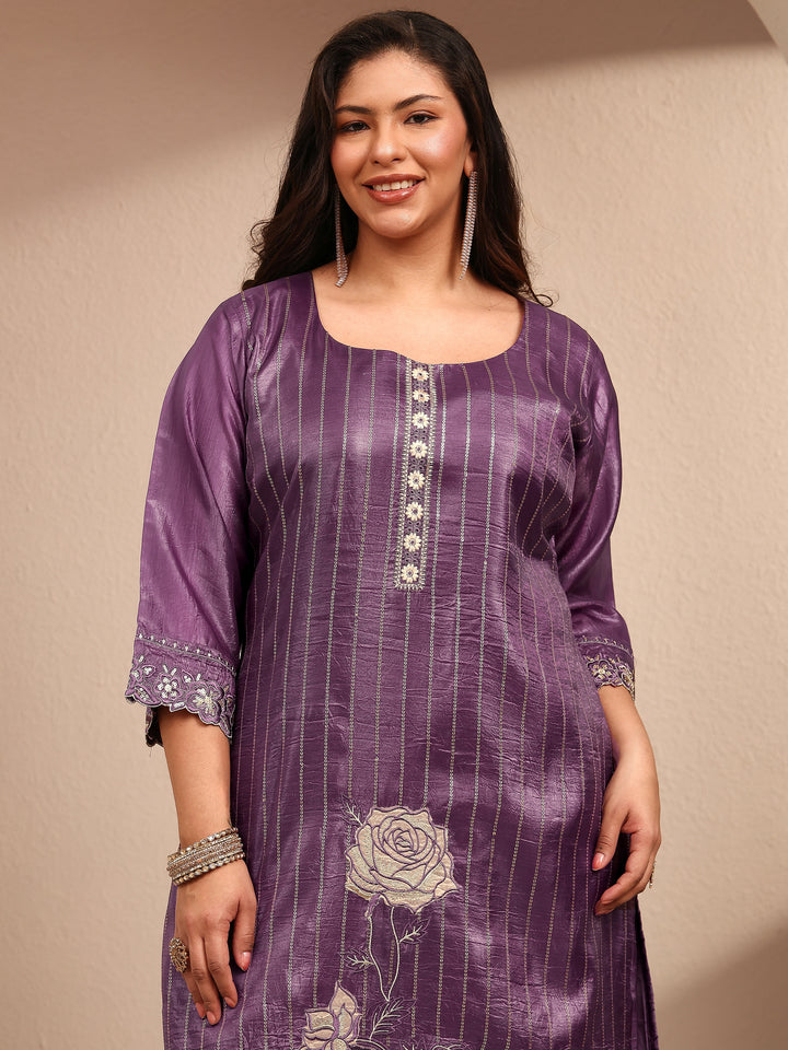Plus Size Purple Embroidered Organza Straight Suit Set With Dupatta