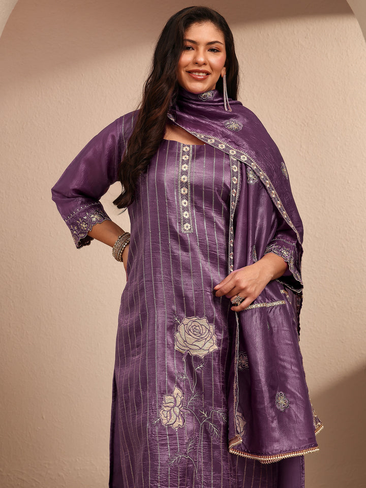 Plus Size Purple Embroidered Organza Straight Suit Set With Dupatta