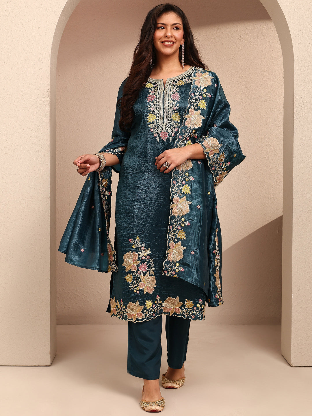 Plus Size Teal Embroidered Plus Size Clothing Organza Straight Suit Set With Dupatta
