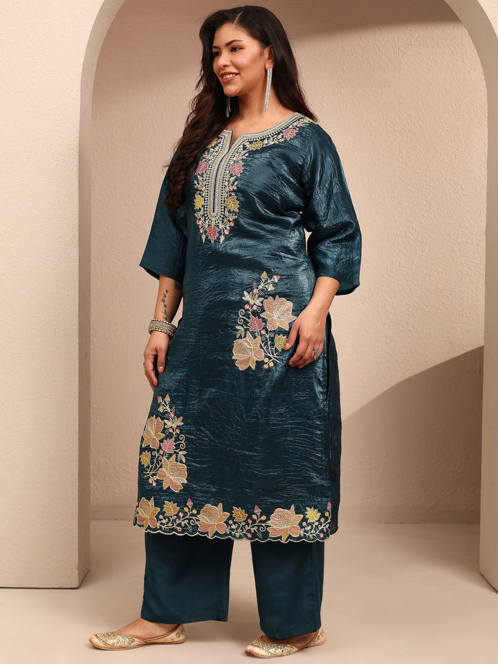 Plus Size Teal Embroidered Plus Size Clothing Organza Straight Suit Set With Dupatta