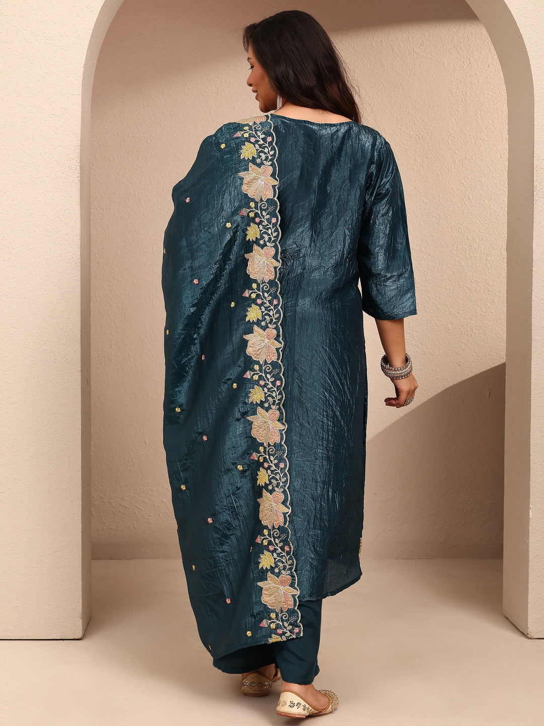 Plus Size Teal Embroidered Plus Size Clothing Organza Straight Suit Set With Dupatta