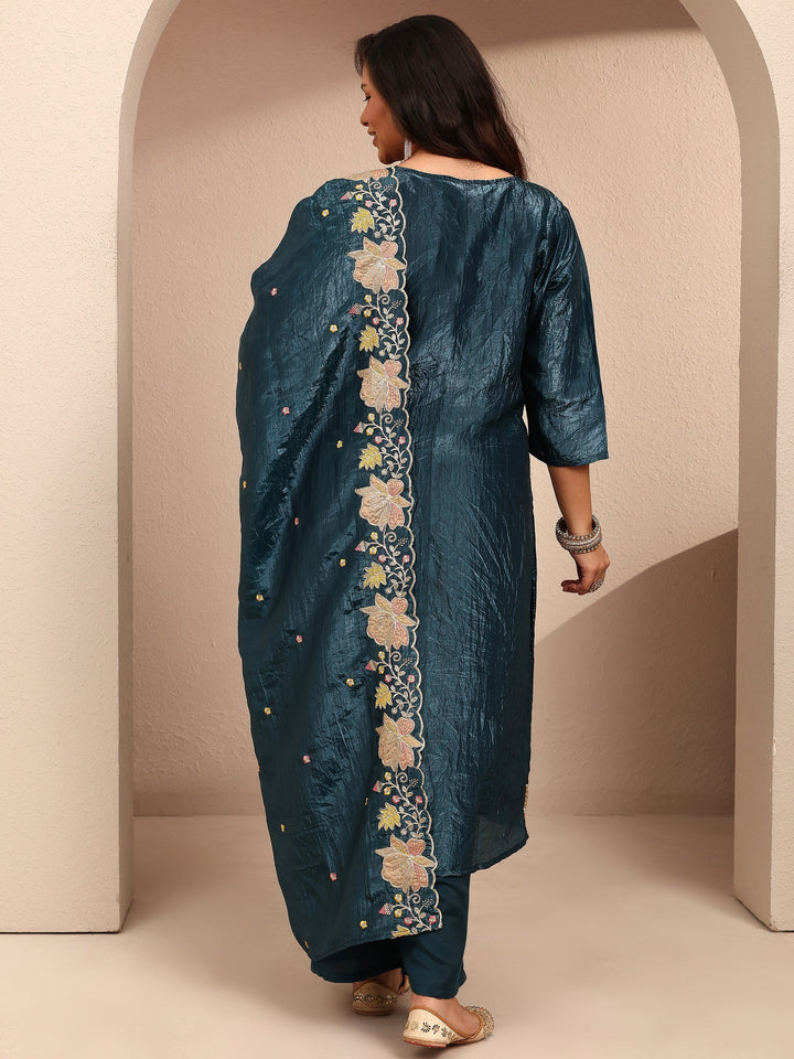 Plus Size Teal Embroidered Plus Size Clothing Organza Straight Suit Set With Dupatta