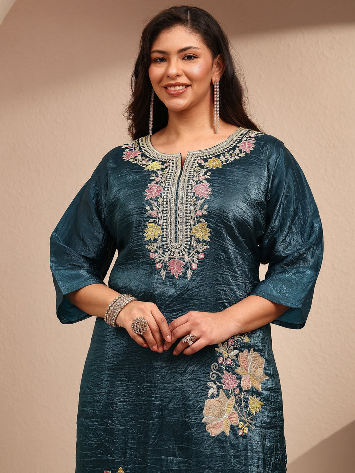 Plus Size Teal Embroidered Plus Size Clothing Organza Straight Suit Set With Dupatta
