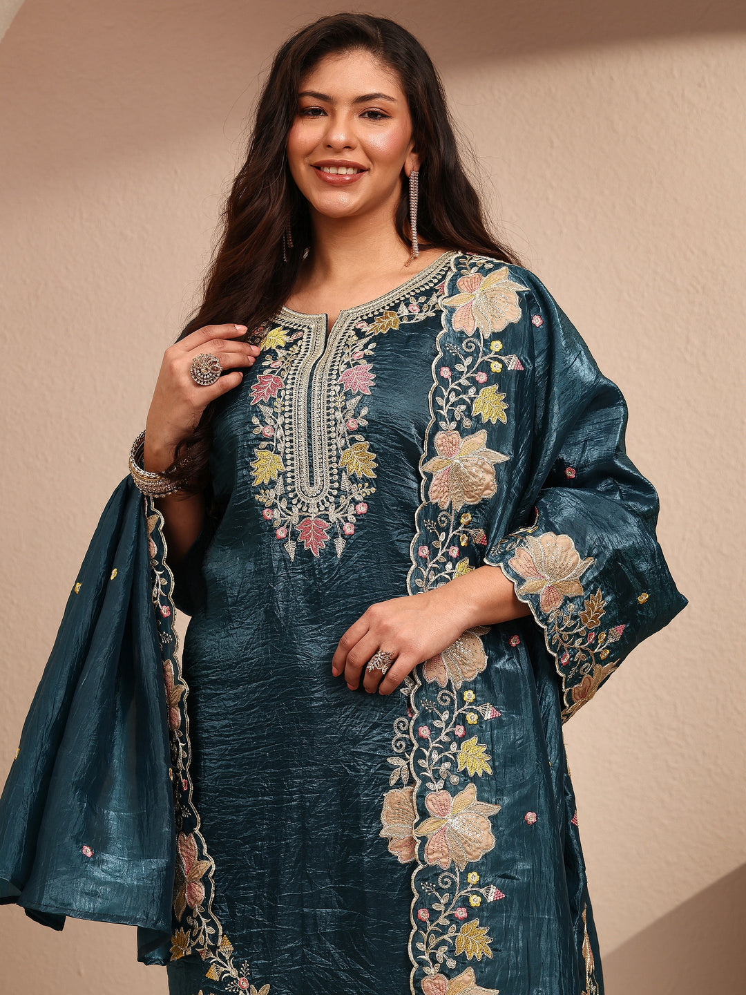 Plus Size Teal Embroidered Plus Size Clothing Organza Straight Suit Set With Dupatta