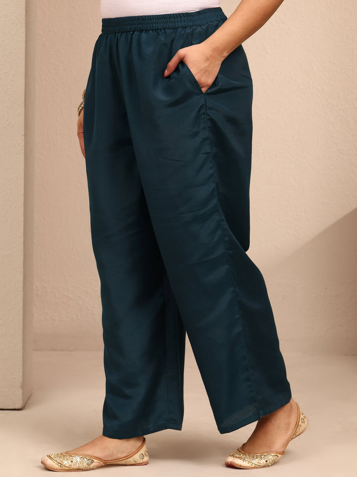 Plus Size Teal Embroidered Plus Size Clothing Organza Straight Suit Set With Dupatta