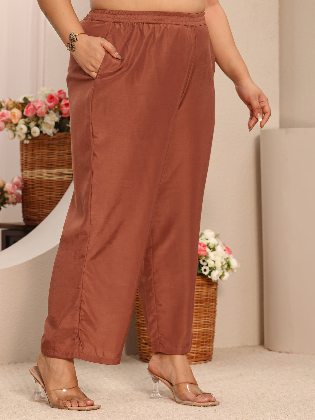 Plus Size Rust Embroidered Plus Size Clothing Organza Straight Suit Set With Dupatta