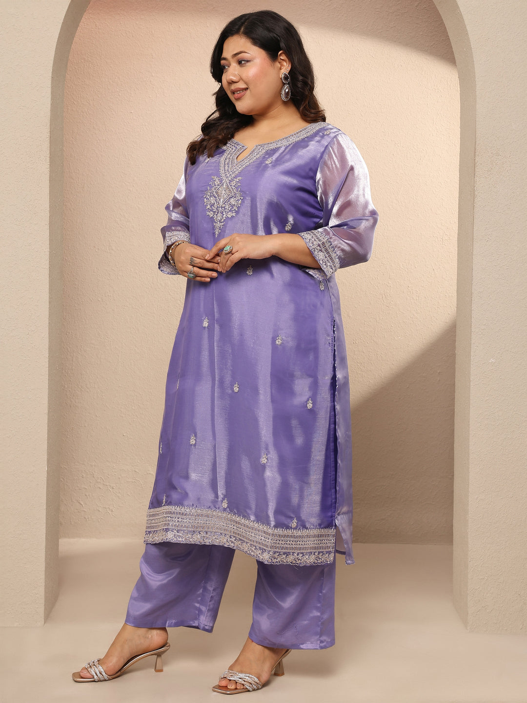 Plus Size Lavender Embroidered Organza Straight Suit Set With Dupatta