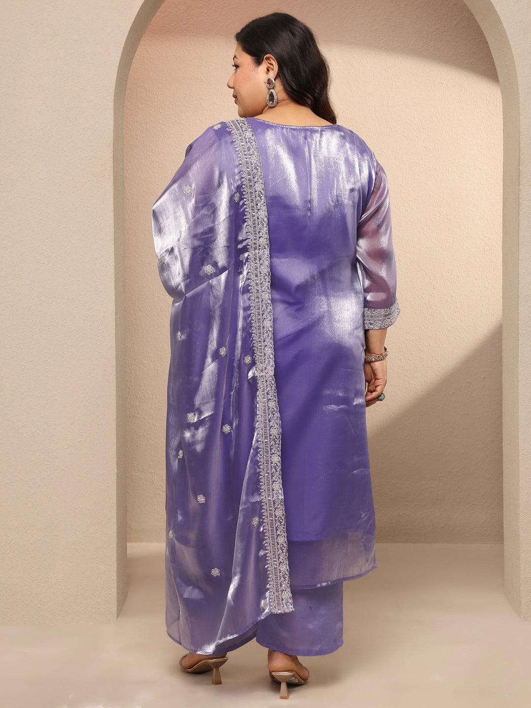 Plus Size Lavender Embroidered Organza Straight Suit Set With Dupatta