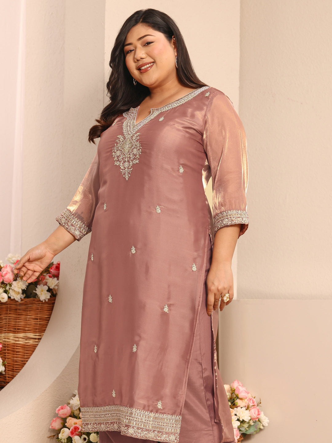 Plus Size Pink Embroidered Organza Straight Suit Set With Dupatta