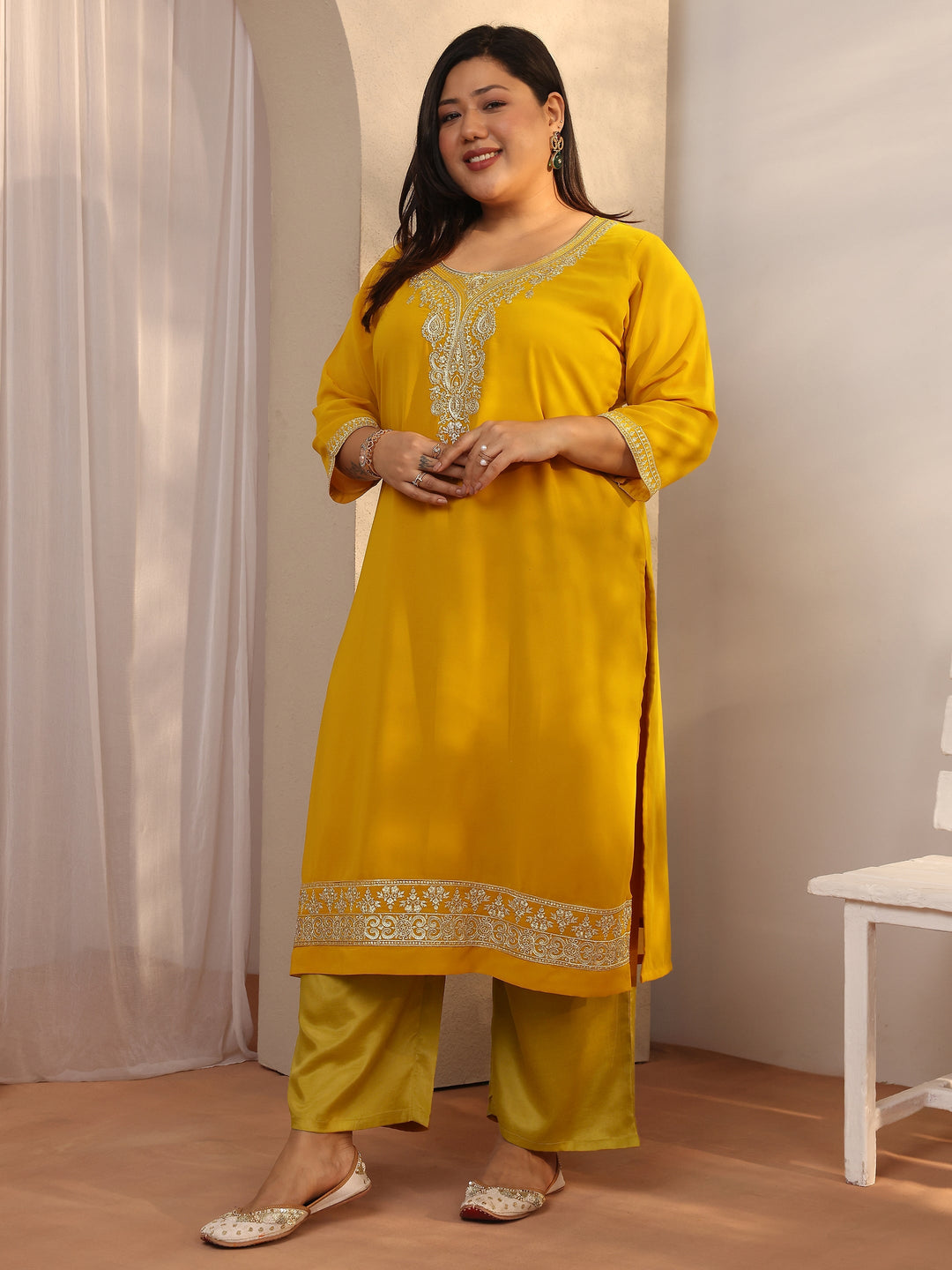 Plus Size Yellow Embroidered Georgette Straight Suit Set With Dupatta