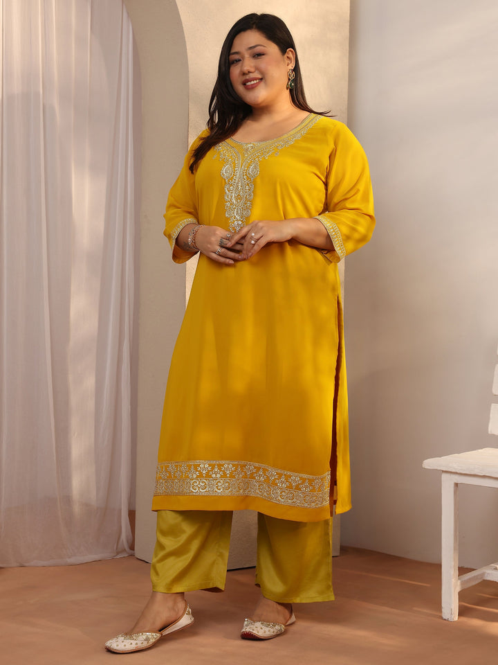 Plus Size Yellow Embroidered Georgette Straight Suit Set With Dupatta