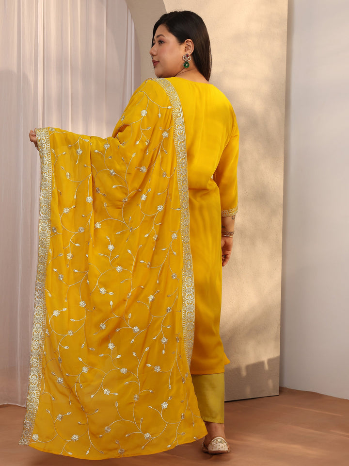 Plus Size Yellow Embroidered Georgette Straight Suit Set With Dupatta