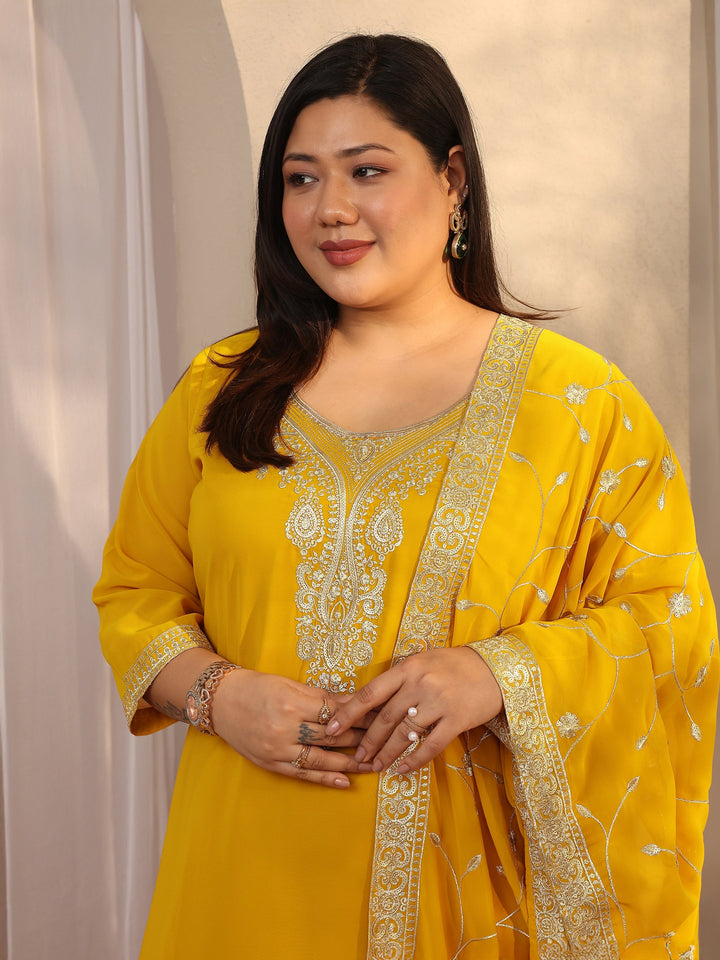 Plus Size Yellow Embroidered Georgette Straight Suit Set With Dupatta