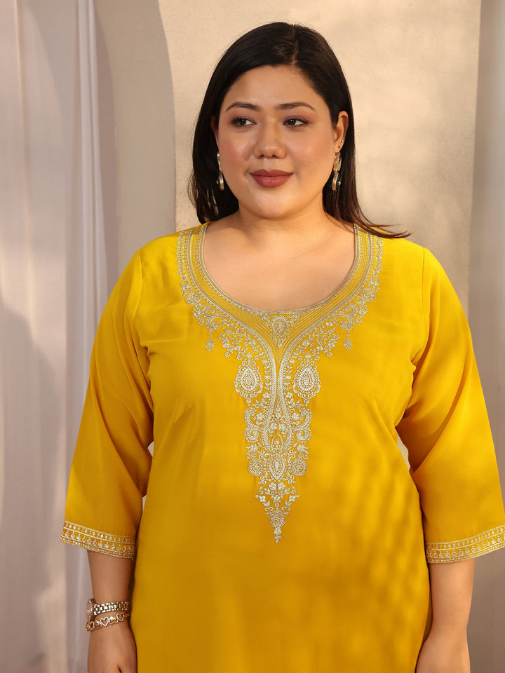 Plus Size Yellow Embroidered Georgette Straight Suit Set With Dupatta