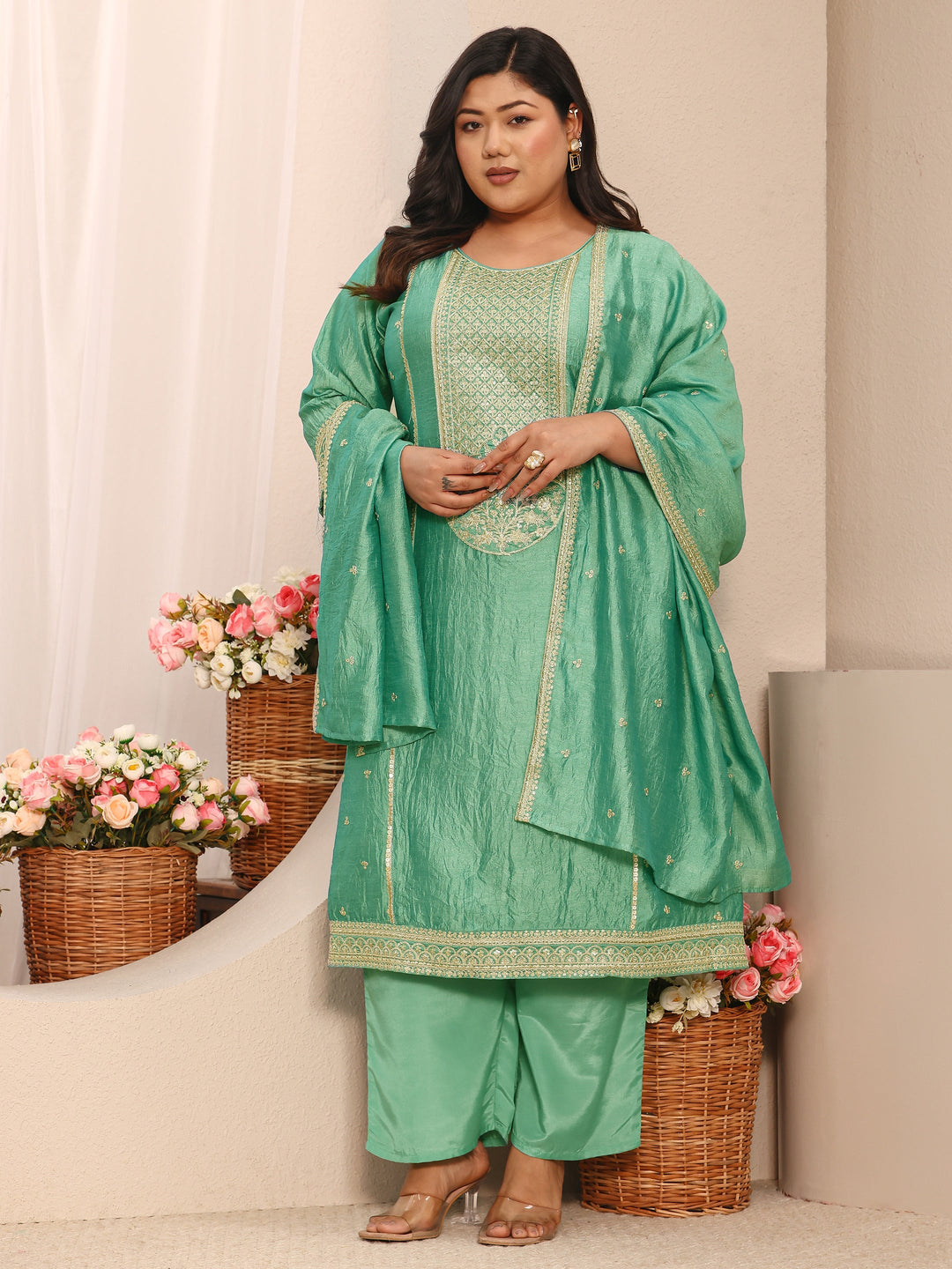 Plus Size Sea Green Embroidered Silk Blend Straight Suit Set With Dupatta
