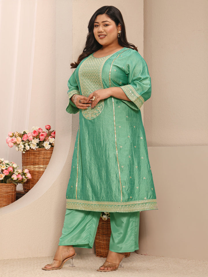 Plus Size Sea Green Embroidered Silk Blend Straight Suit Set With Dupatta