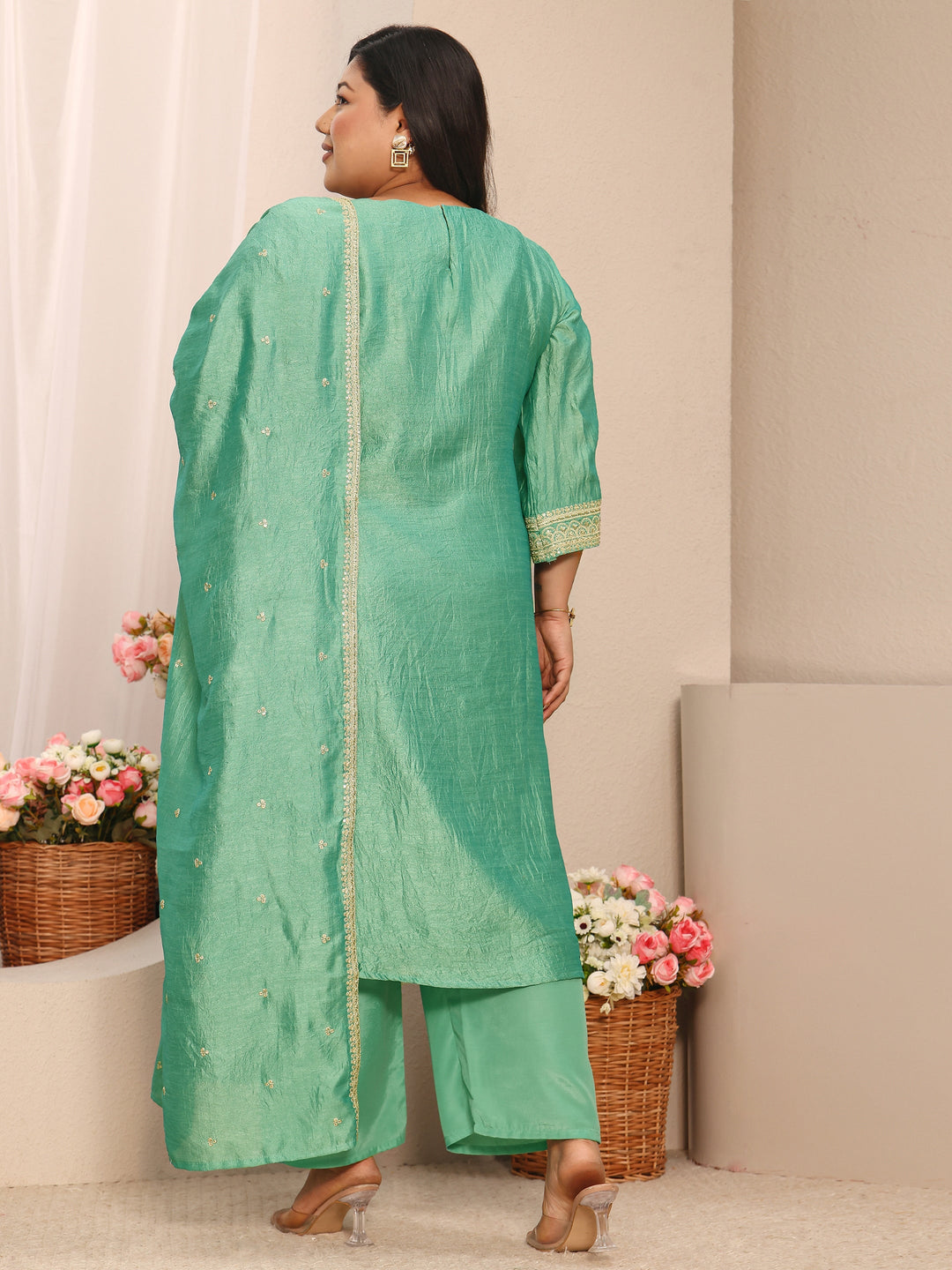 Plus Size Sea Green Embroidered Silk Blend Straight Suit Set With Dupatta