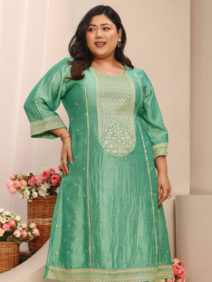 Plus Size Sea Green Embroidered Silk Blend Straight Suit Set With Dupatta