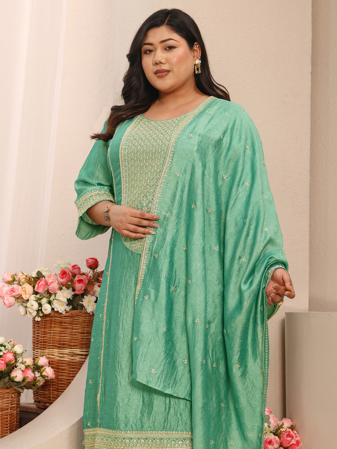 Plus Size Sea Green Embroidered Silk Blend Straight Suit Set With Dupatta