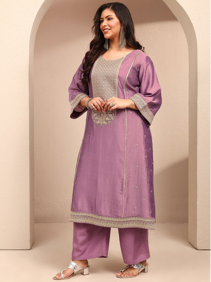Plus Size Lavender Embroidered Plus Size Clothing Silk Blend Straight Suit Set With Dupatta