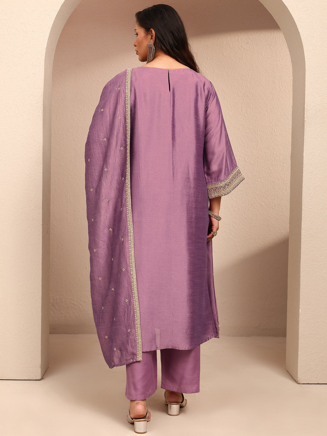 Plus Size Lavender Embroidered Plus Size Clothing Silk Blend Straight Suit Set With Dupatta