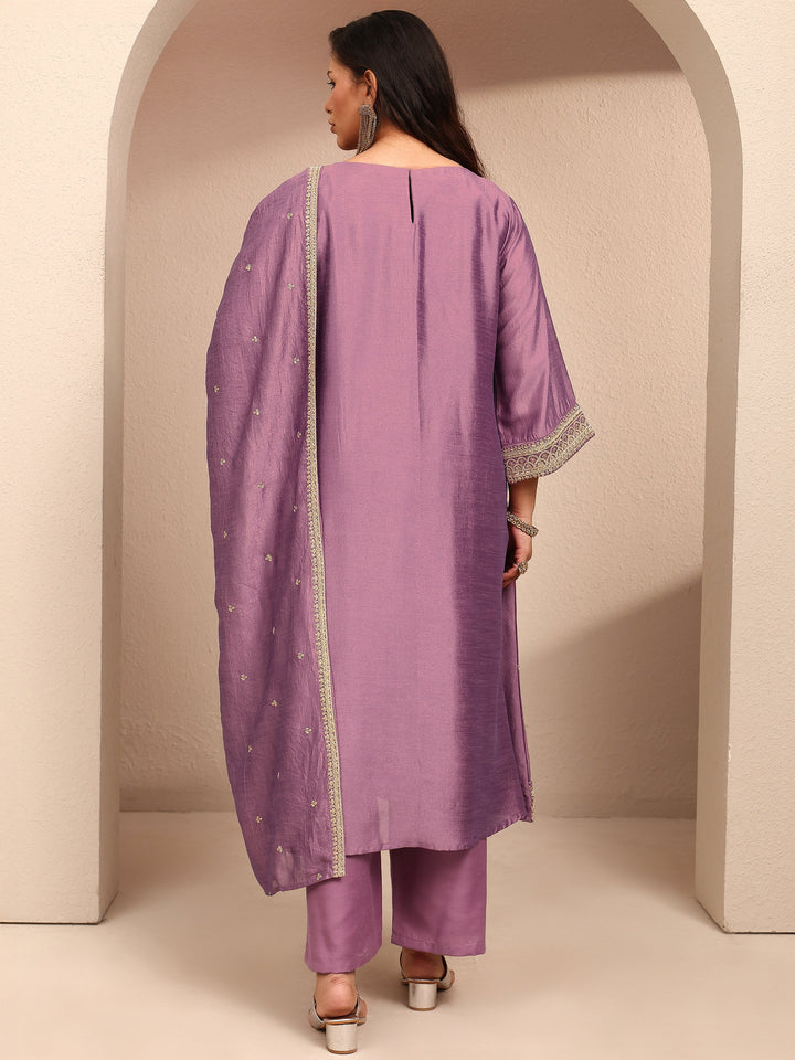 Plus Size Lavender Embroidered Plus Size Clothing Silk Blend Straight Suit Set With Dupatta