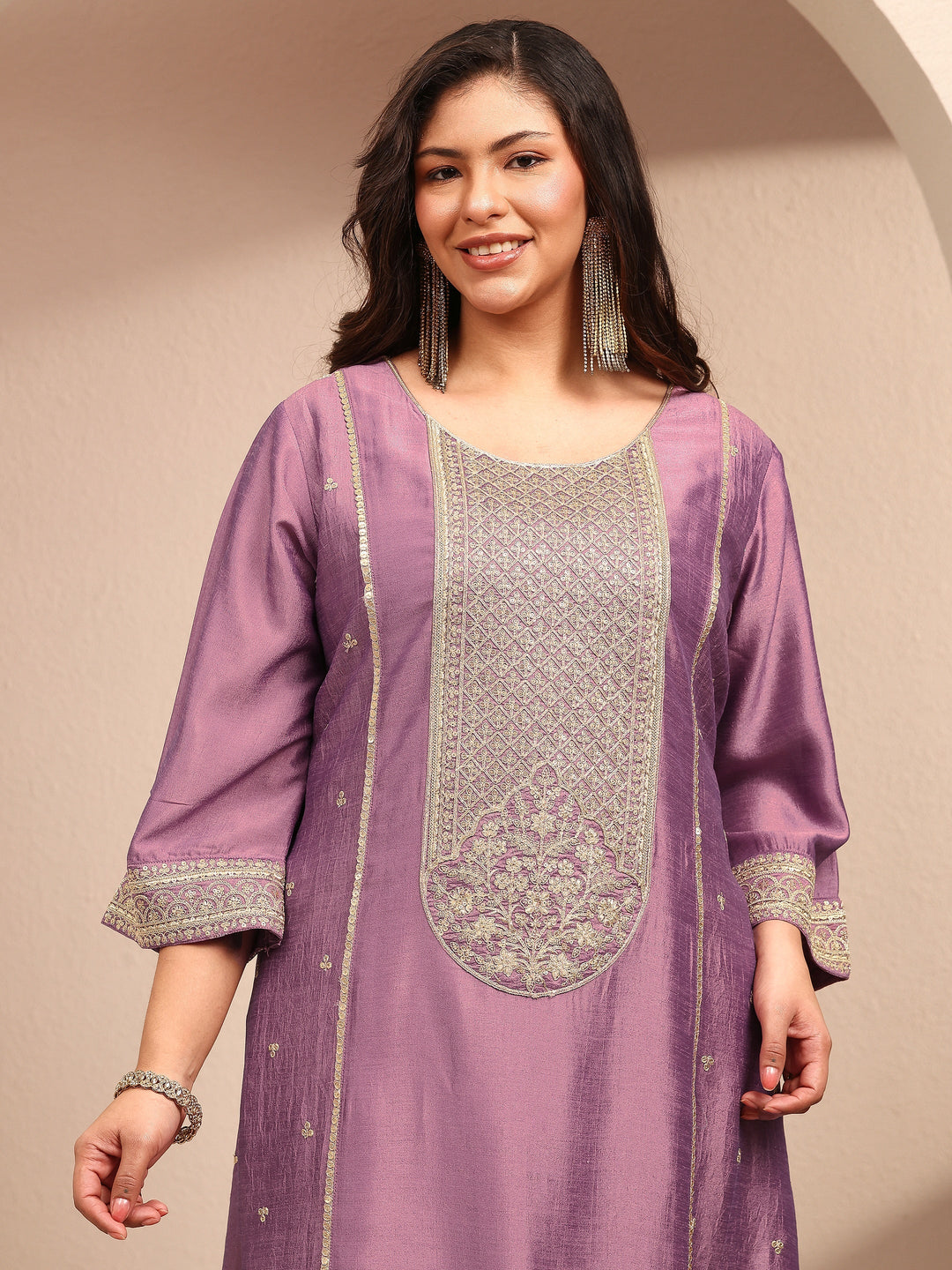 Plus Size Lavender Embroidered Plus Size Clothing Silk Blend Straight Suit Set With Dupatta