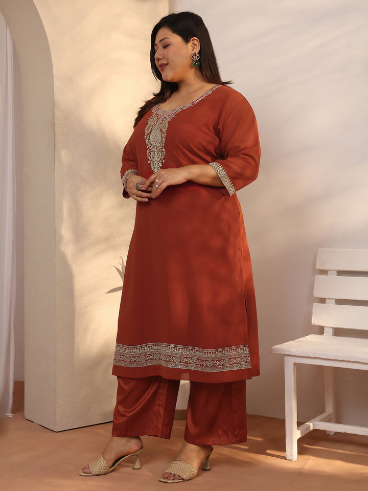 Plus Size Orange Embroidered Georgette Straight Suit Set With Dupatta