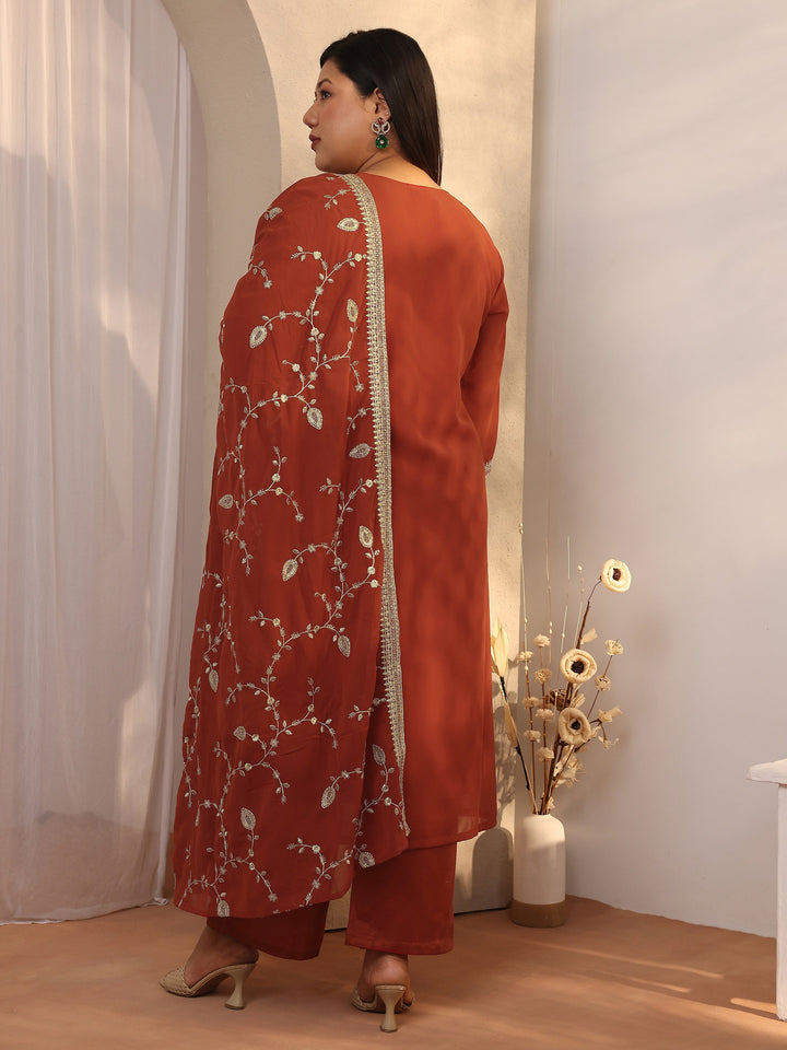Plus Size Orange Embroidered Georgette Straight Suit Set With Dupatta