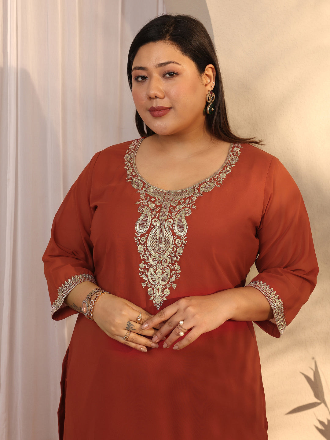 Plus Size Orange Embroidered Georgette Straight Suit Set With Dupatta