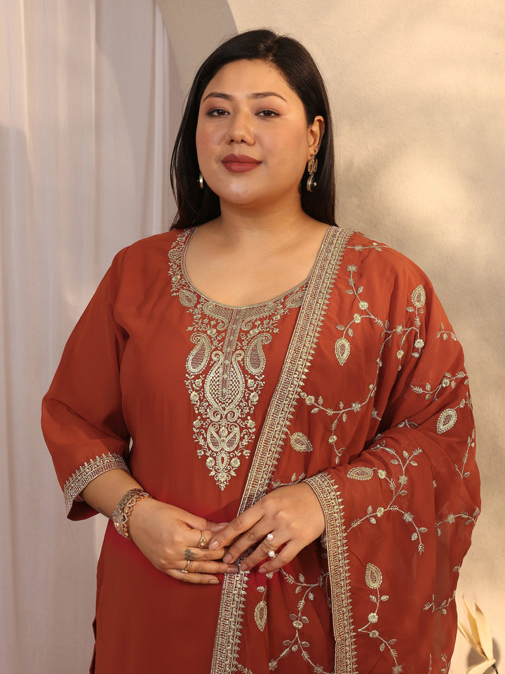 Plus Size Orange Embroidered Georgette Straight Suit Set With Dupatta