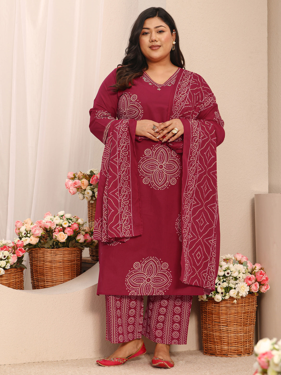 Plus Size Bandhani Printed Cotton Straight Suit Set With Dupatta