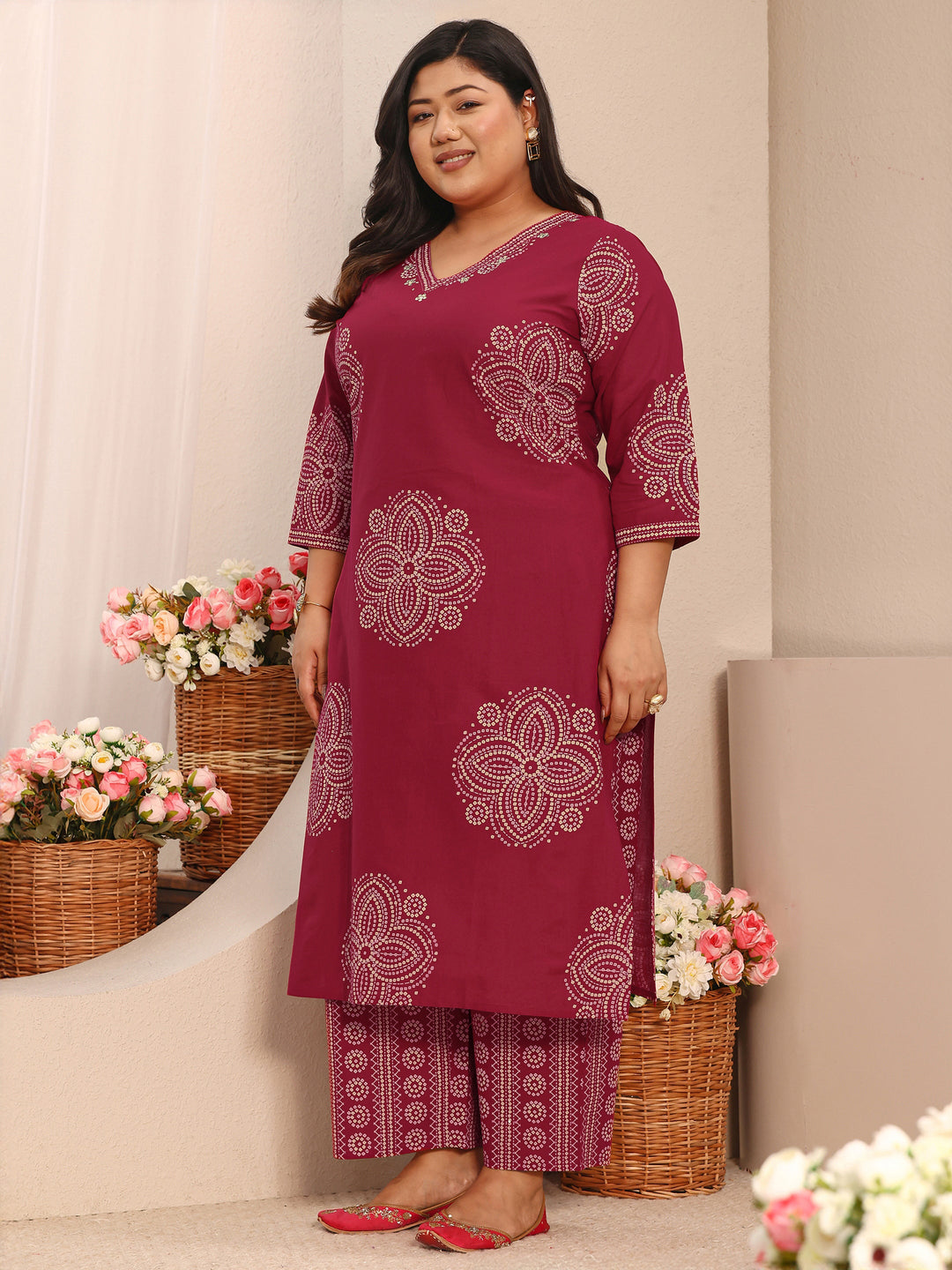 Plus Size Bandhani Printed Cotton Straight Suit Set With Dupatta