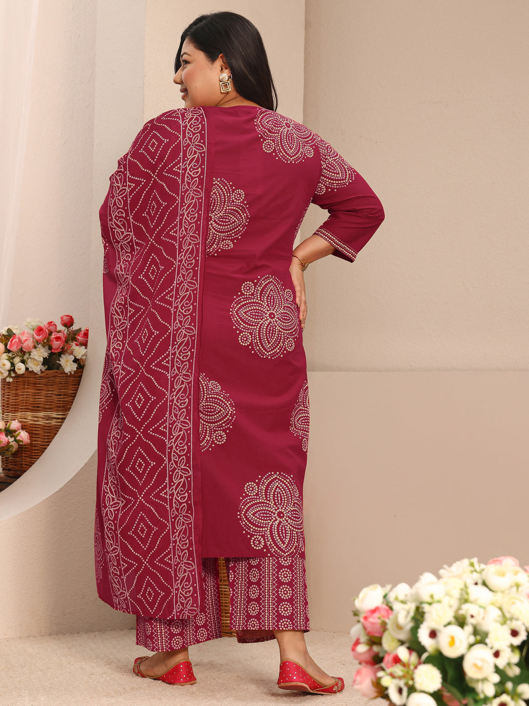 Plus Size Bandhani Printed Cotton Straight Suit Set With Dupatta