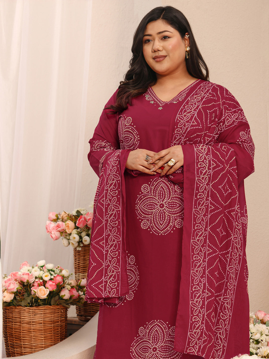 Plus Size Bandhani Printed Cotton Straight Suit Set With Dupatta