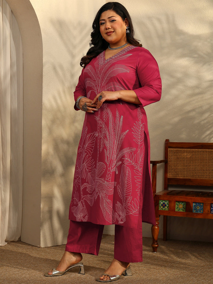 Plus Size Red Printed Cotton Straight Suit Set With Dupatta