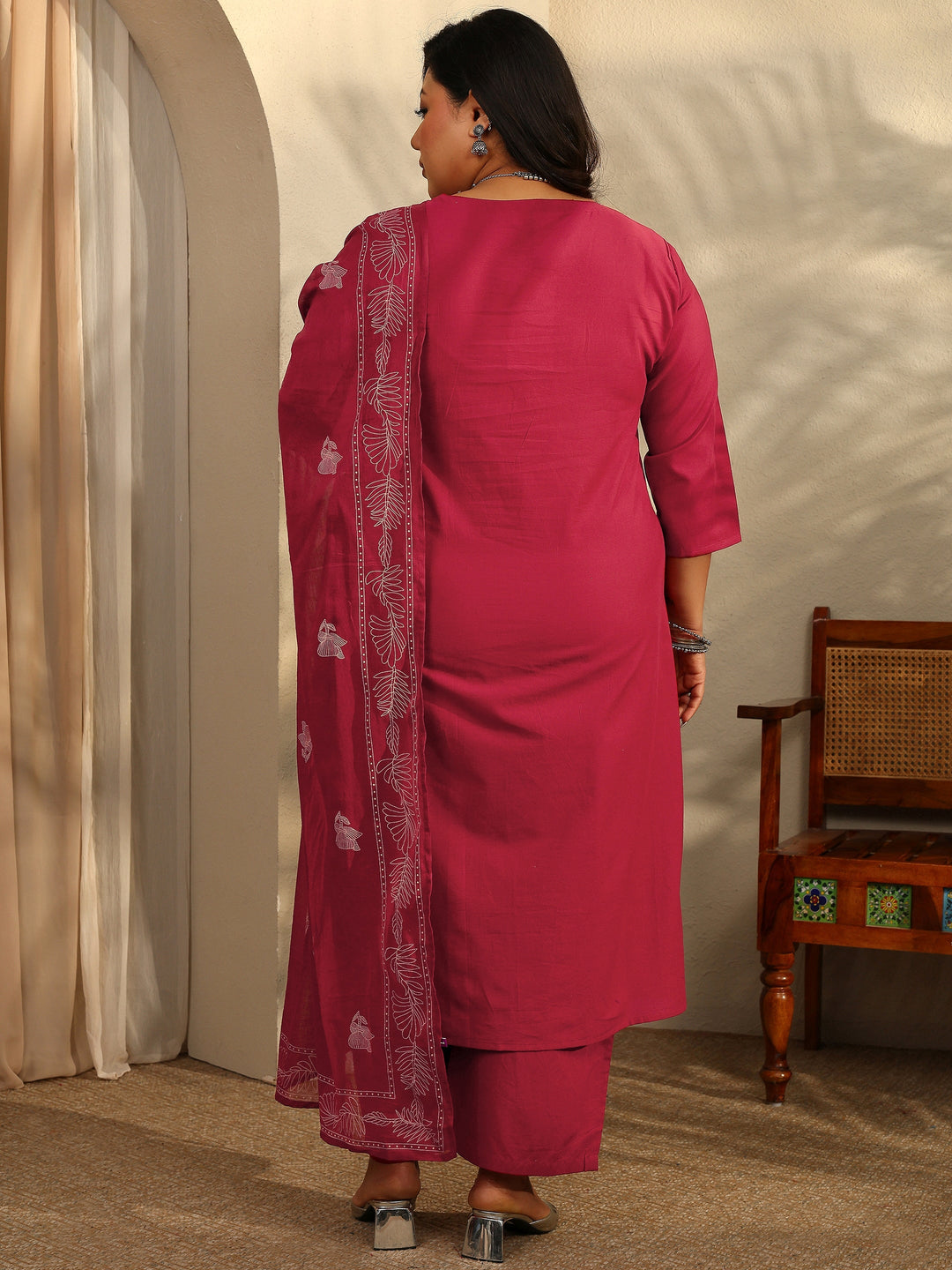 Plus Size Red Printed Cotton Straight Suit Set With Dupatta