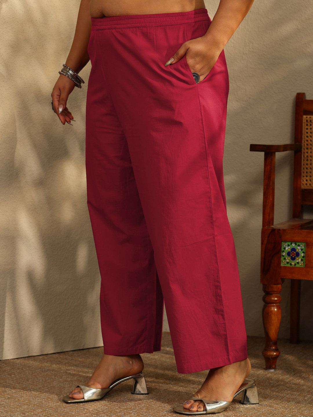Plus Size Red Printed Cotton Straight Suit Set With Dupatta