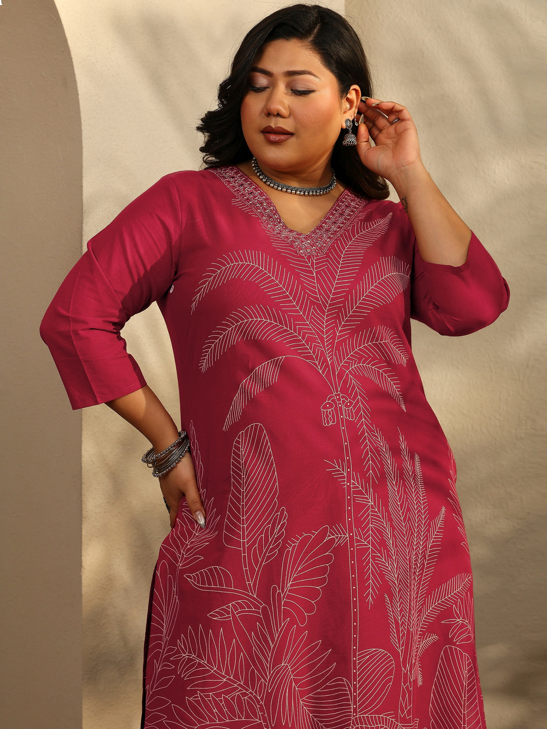Plus Size Red Printed Cotton Straight Suit Set With Dupatta