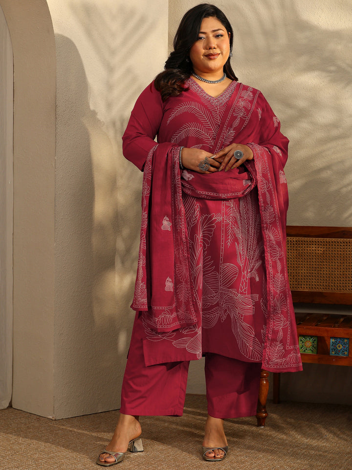 Plus Size Red Printed Cotton Straight Suit Set With Dupatta