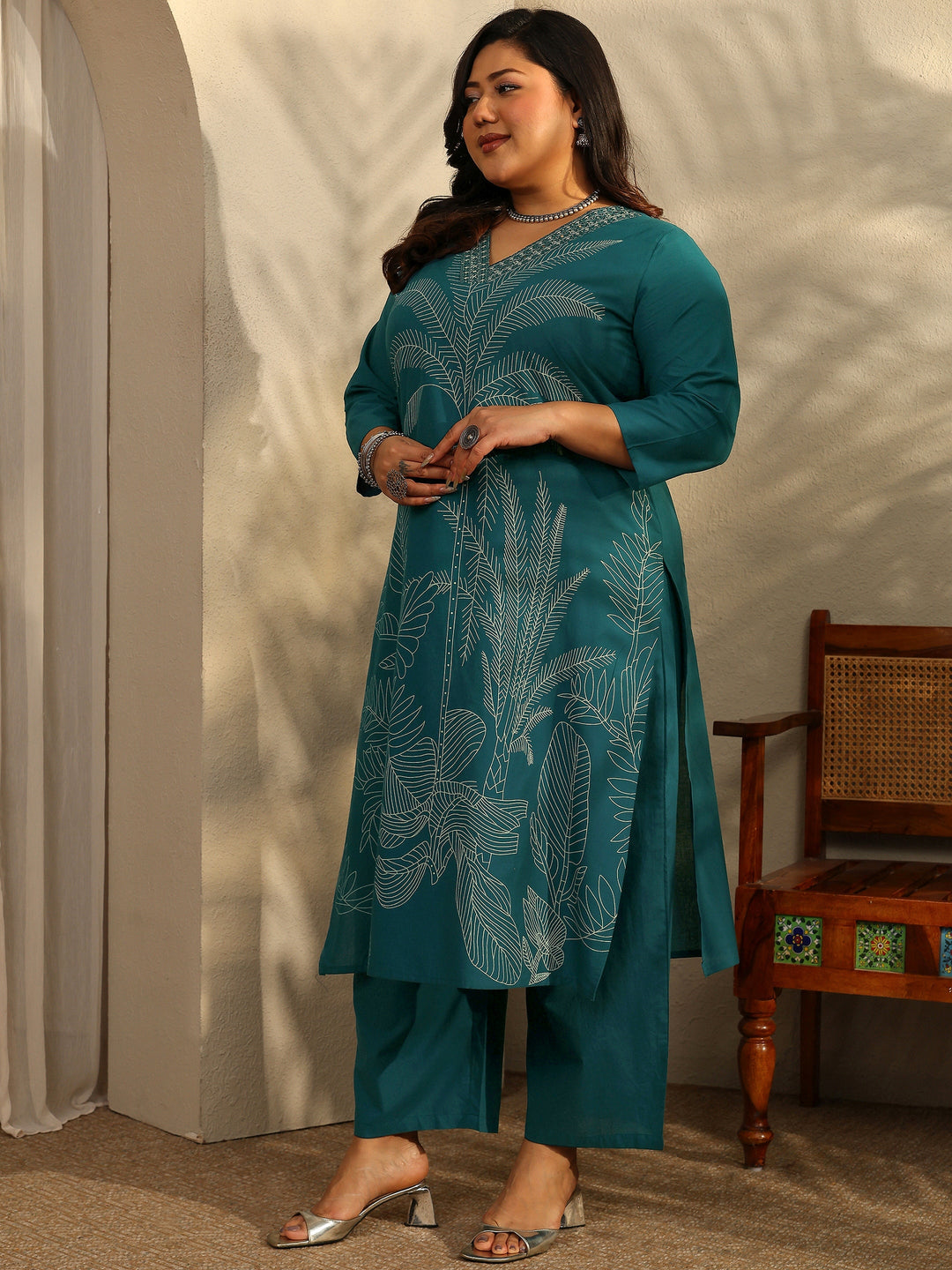 Plus Size Teal Printed Cotton Straight Suit Set With Dupatta