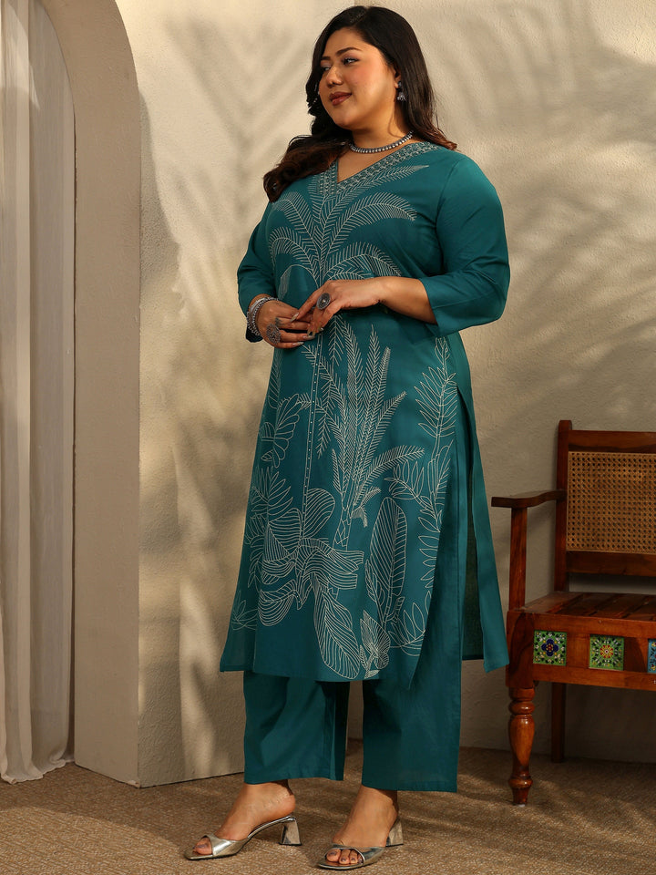 Plus Size Teal Printed Cotton Straight Suit Set With Dupatta